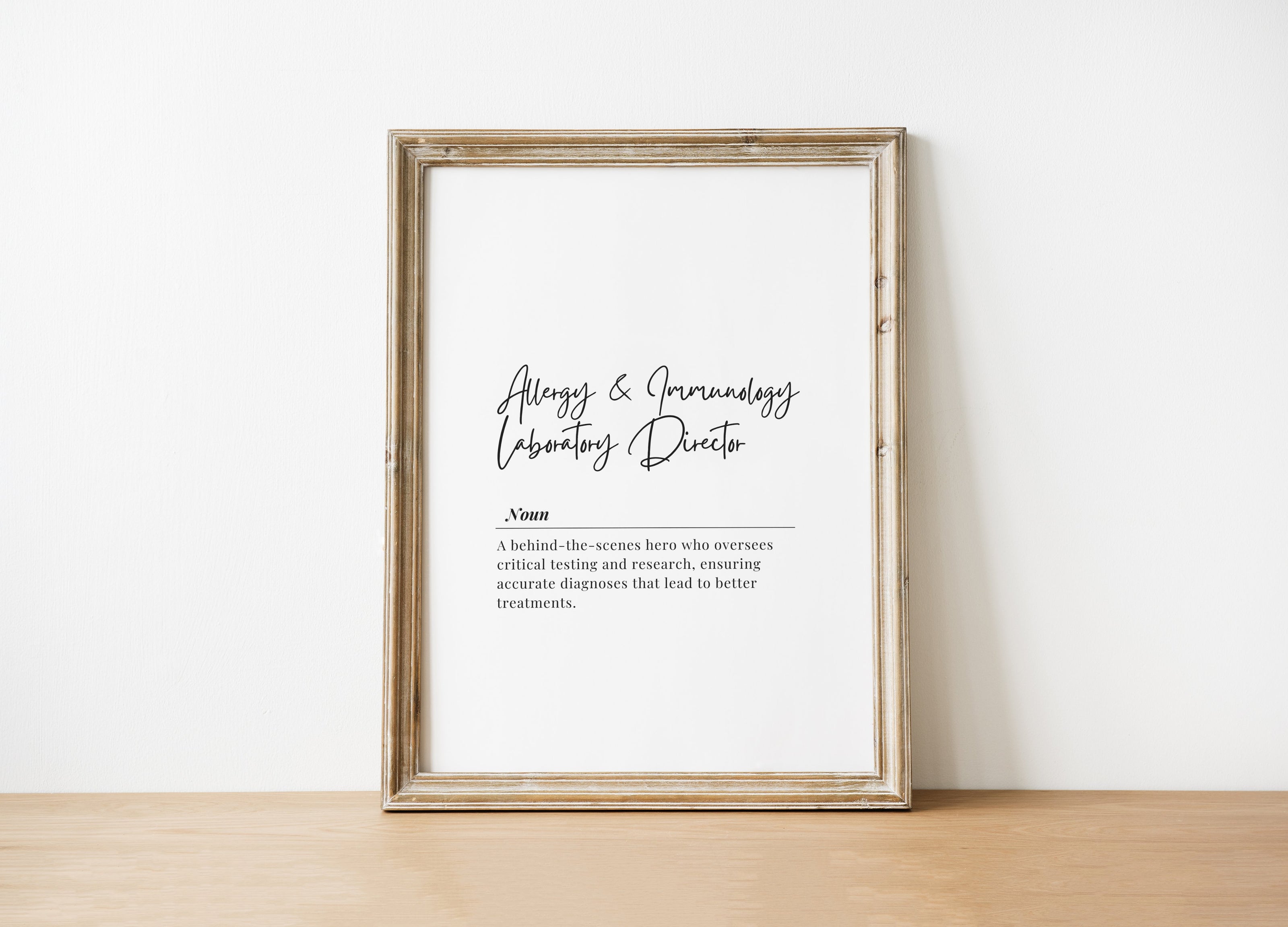 Framed definition print featuring 'Allergy & Immunology Laboratory Director' in cursive font with professional definition text on light background with wooden frame