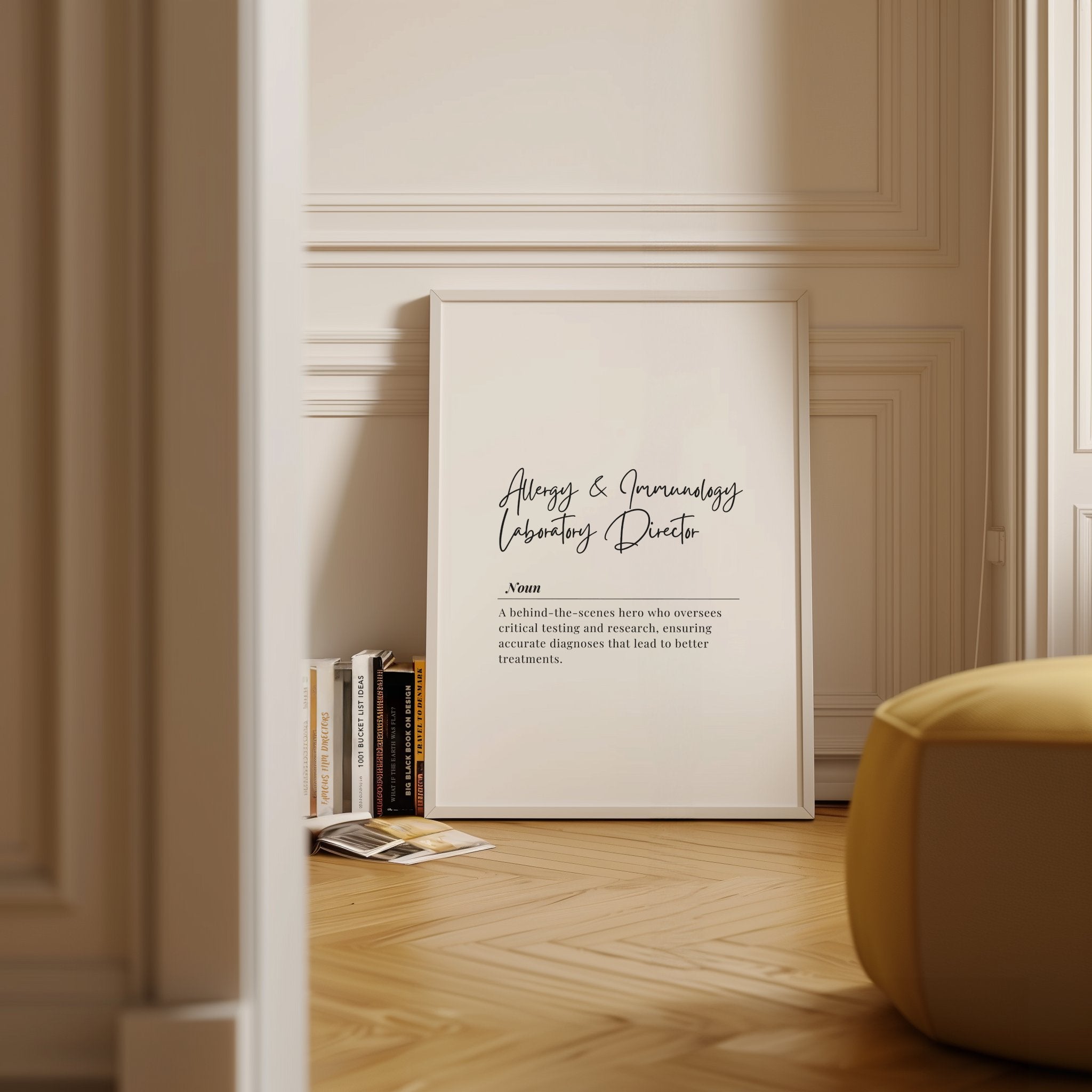 Framed definition print featuring 'Allergy & Immunology Laboratory Director' in cursive font with professional definition text on light background with wooden frame