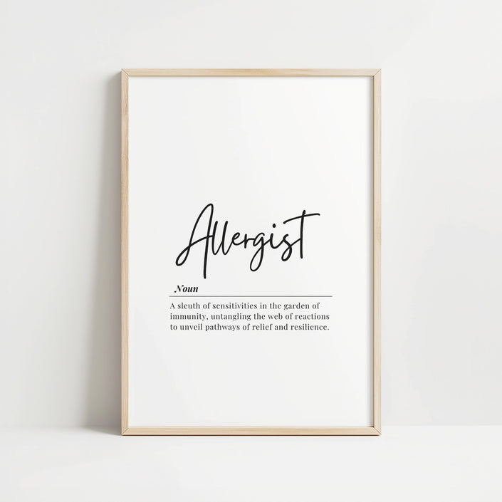 Framed minimalist print displaying 'Allergist' in stylish script with inspiring immunology definition on white background in light wooden frame