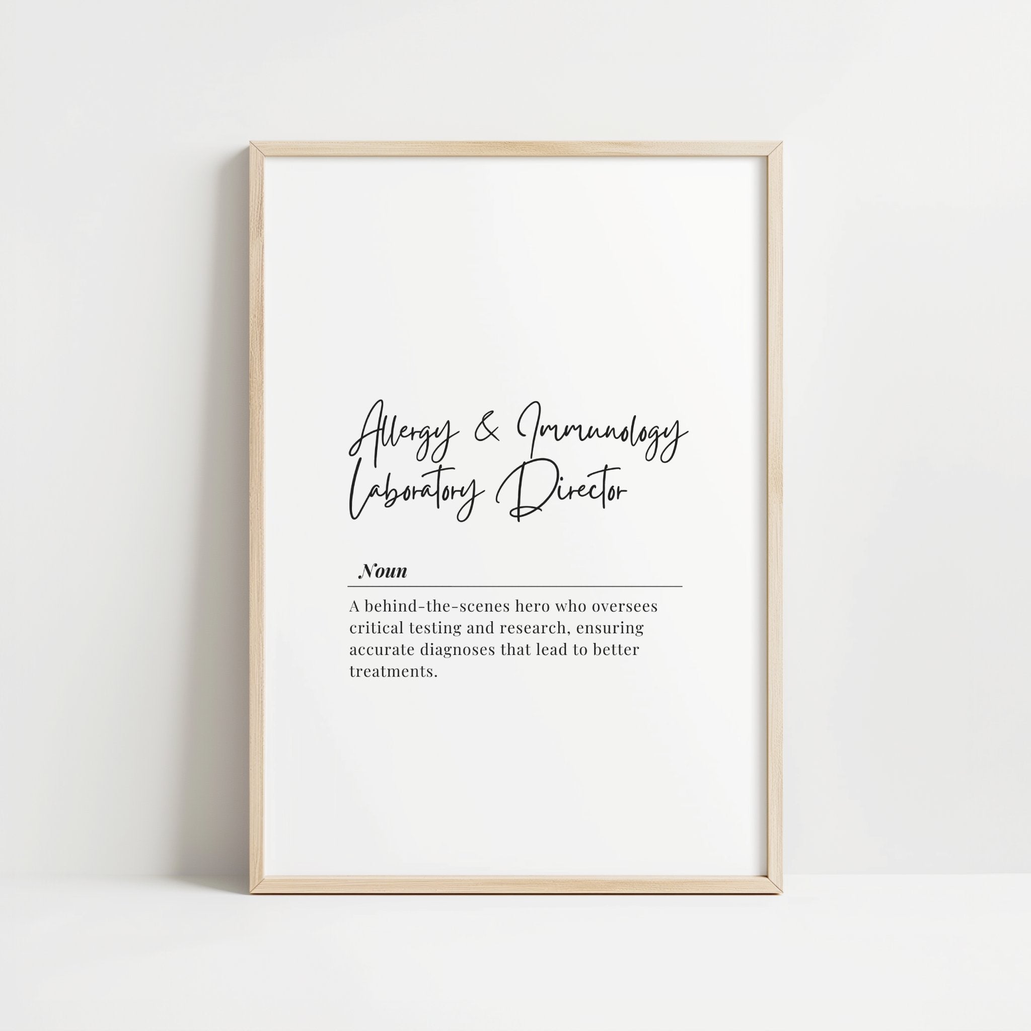 Framed definition print featuring 'Allergy & Immunology Laboratory Director' in cursive font with professional definition text on light background with wooden frame